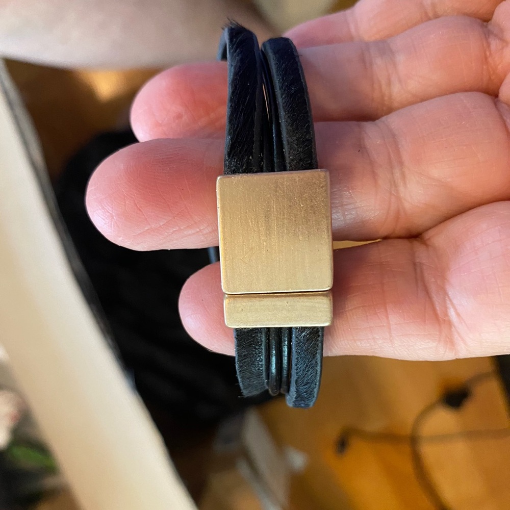 Hand Crafted Black Leather Bracelet with Brushed Gold Clasp